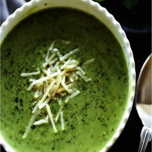 Sopa de mandioca com espinafre servida com parmesão ralado