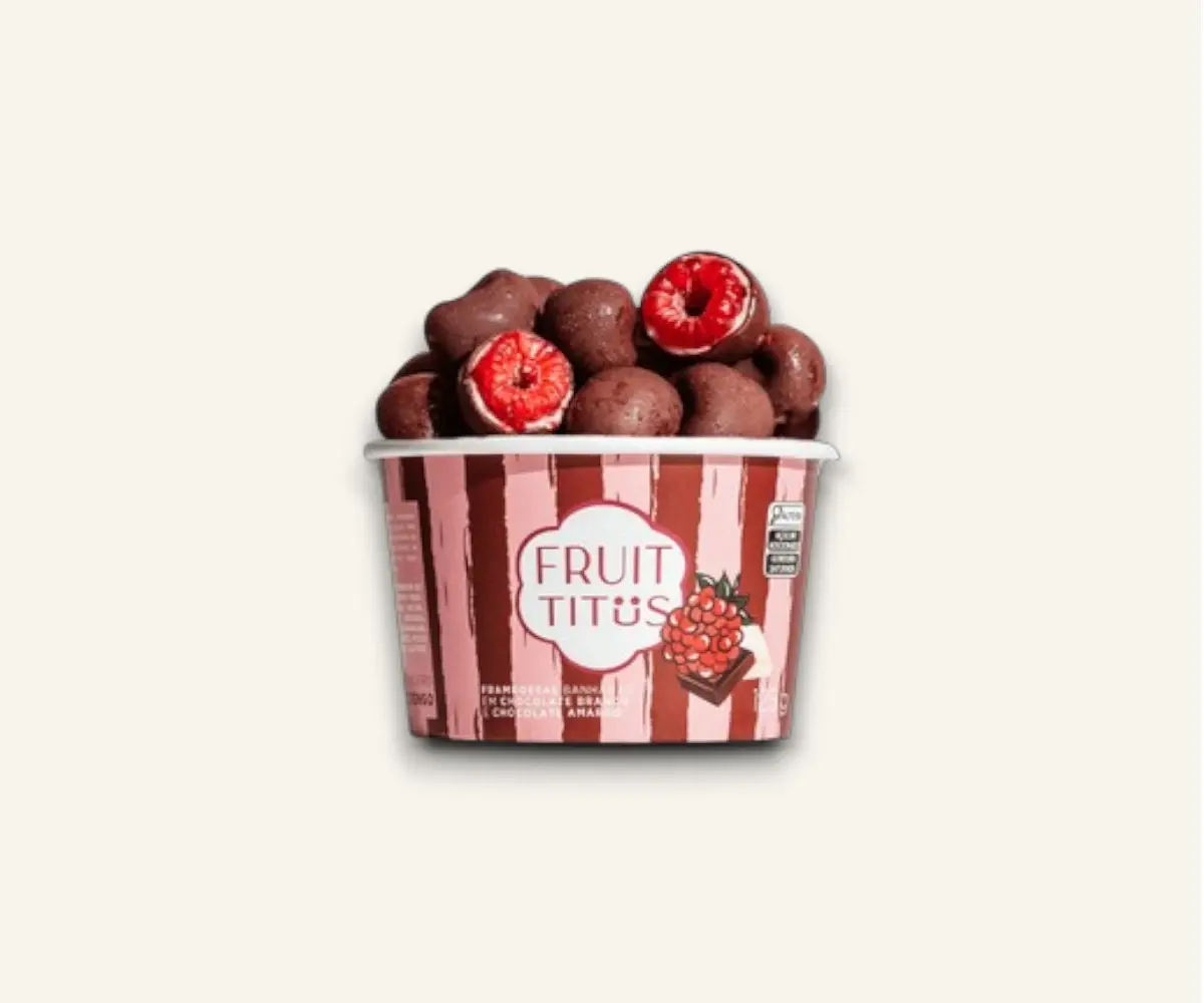 Framboesa coberta com chocolate branco e chocolate amargo Fruit Titüs 125g